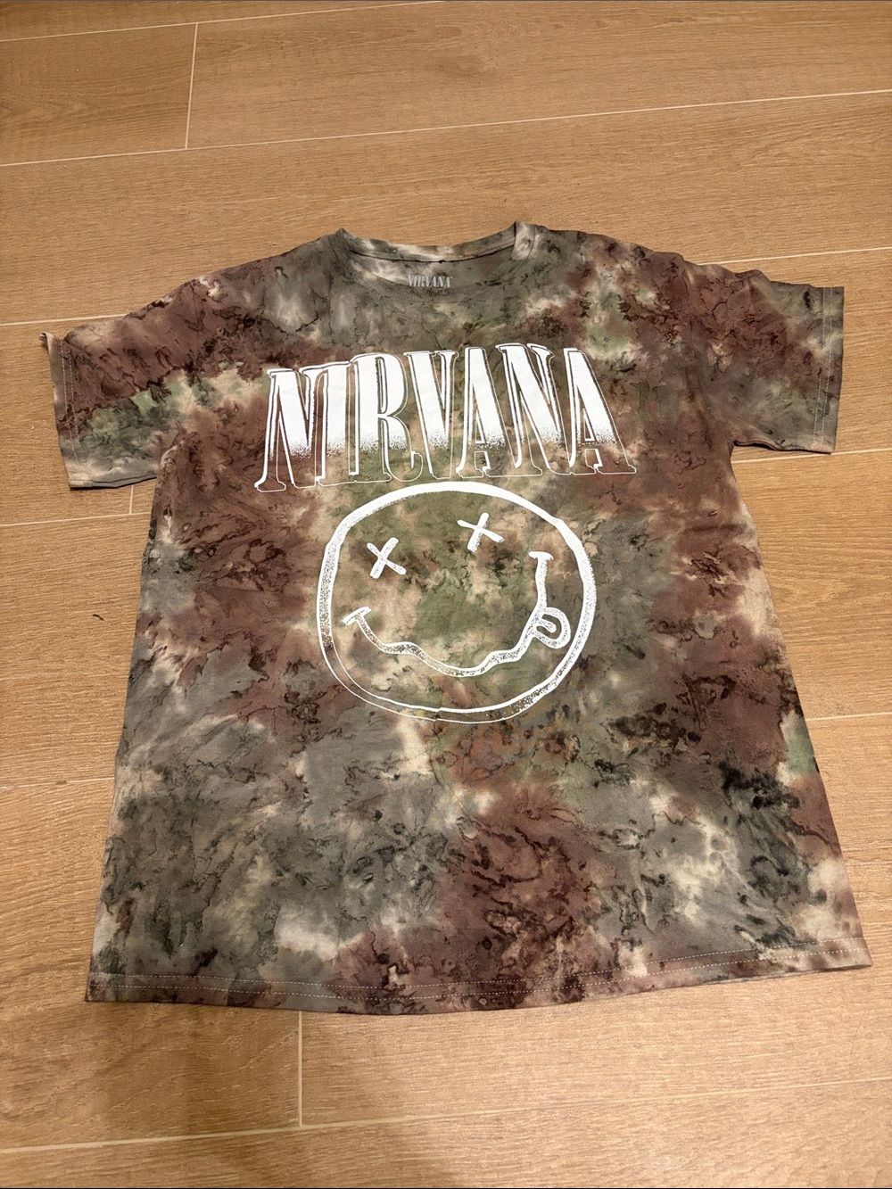 NIRVANA Tie-Dye Smiley Logo Tee in Green & Brown
